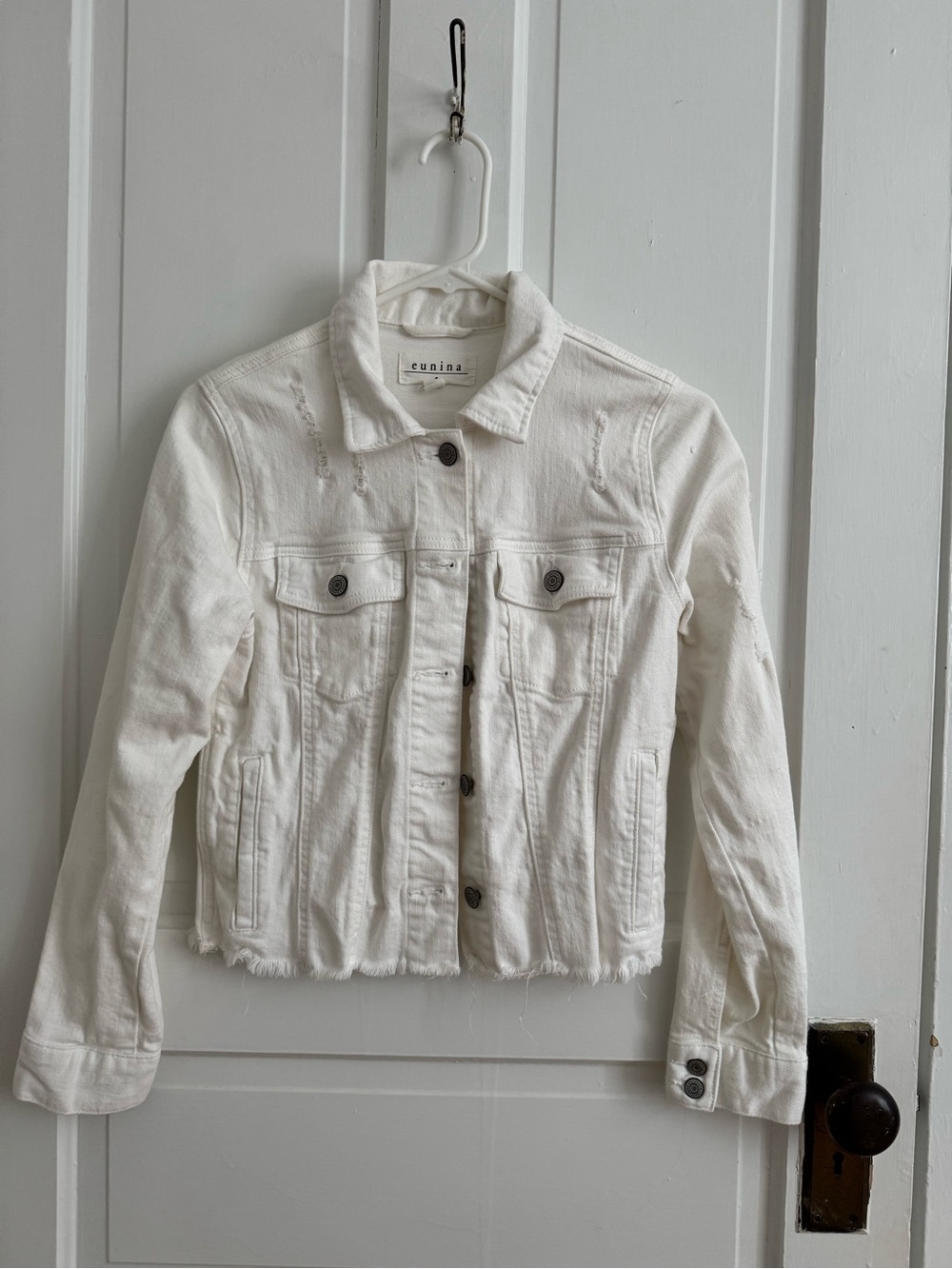 eunina White Cropped Denim Jacket - Button-Front Trucker